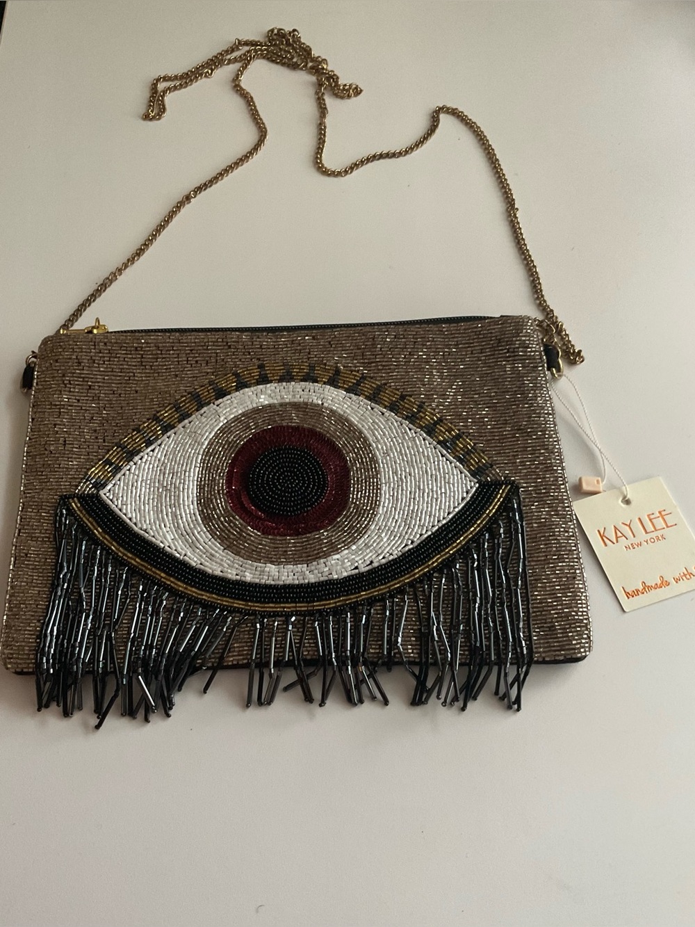 Gold Beaded Eye Fringe Clutch with Chain